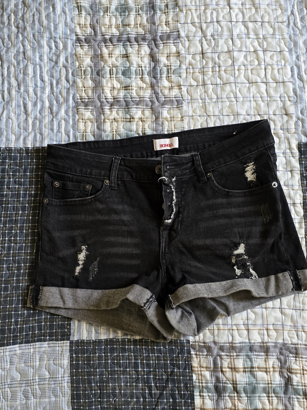 BONGO Black Distressed Roll-Cuff Denim Shorts